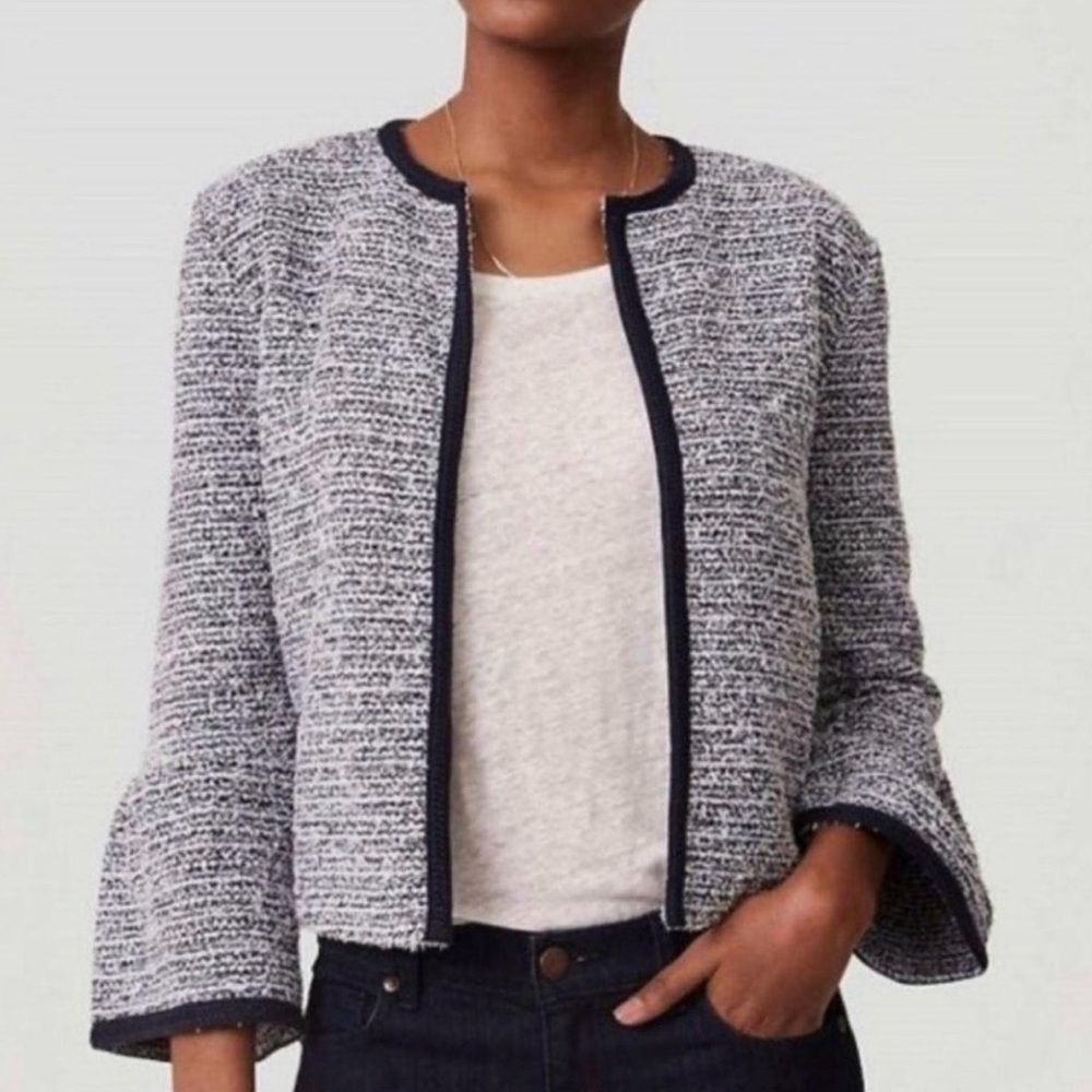 Loft Jackets & Coats Bell Sleeve Knit Tweed Jacket Color: Blue/White | Size: M